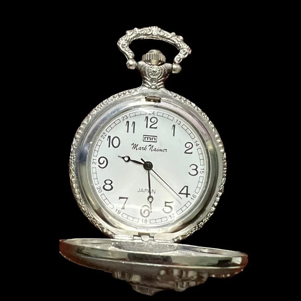 Mark Naimer Train Pocket Watch Vintage Battery‎ Silver Tone For Parts Only